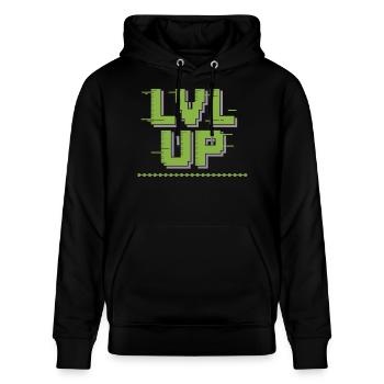 LVL UP Gamer Shirt – Pixel Look - Stanley/Stella Unisex Bio-Hoodie CRUISER  - Schwarz - Vorne - Alina (178cm) & Michal (187cm)