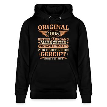 Original 1995 Jahrgang - Vintage 30. Geburtstag - Stanley/Stella Unisex Bio-Hoodie CRUISER  - Schwarz - Vorne - Alina (178cm) & Michal (187cm)