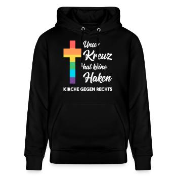 Kirche gegen Nazis - Unser Kreuz hat keine Haken  - Stanley/Stella Unisex Bio-Hoodie CRUISER  - Schwarz - Vorne - Alina (178cm) & Michal (187cm)