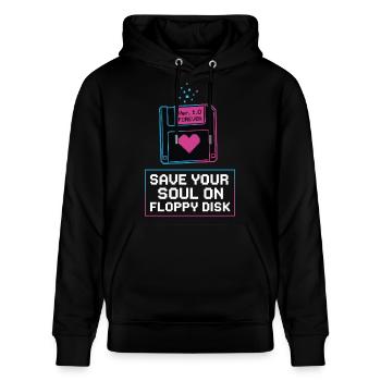 Speichere Deine Seele Auf Floppy Disk - Stanley/Stella Unisex Bio-Hoodie CRUISER  - Schwarz - Vorne - Alina (178cm) & Michal (187cm)