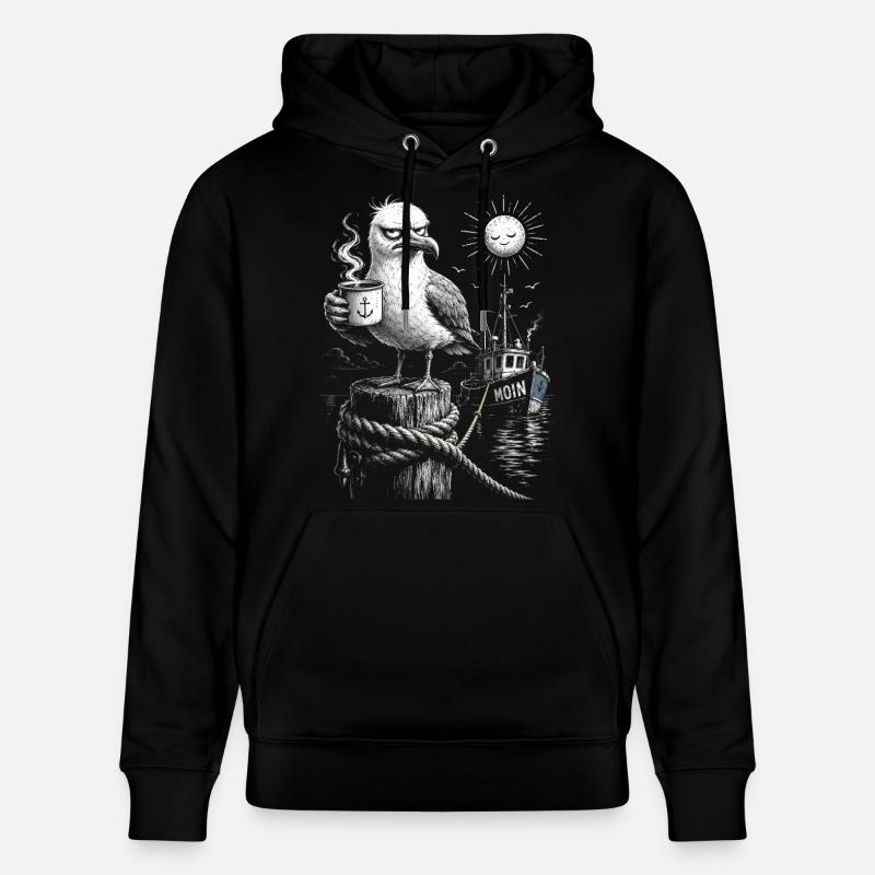 MOIN – Grumpy Seagull with Coffee - Stanley/Stella CRUISER Unisex Organic Hoodie - black