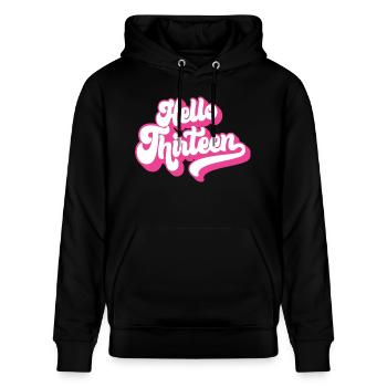 13th Birthday Gift, Hello Thirteen, 13 Years Old - Stanley/Stella CRUISER Unisex Organic Hoodie - black - Front - Alina (178cm) & Michal (187cm)