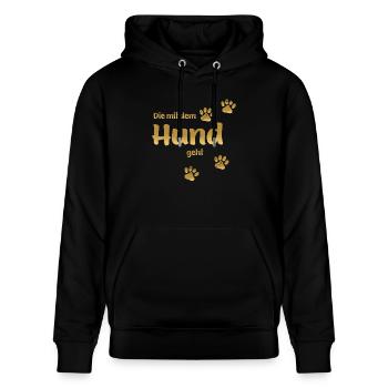 DIE MIT DEM HUND GEHT GOLD EDITION - Stanley/Stella Unisex Bio-Hoodie CRUISER  - Schwarz - Vorne - Alina (178cm) & Michal (187cm)