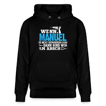 MANUEL - kann es reparieren - Stanley/Stella Unisex Bio-Hoodie CRUISER  - Schwarz - Vorne - Alina (178cm) & Michal (187cm)