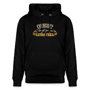Exercise Extra Fries Zitat - Stanley/Stella Unisex Bio-Hoodie CRUISER  - Schwarz - Vorne - Alina (178cm) & Michal (187cm)