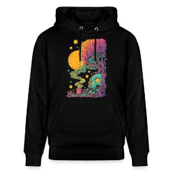 Psychedelischer Baumskull im Kosmos - Stanley/Stella Unisex Bio-Hoodie CRUISER  - Schwarz - Vorne - Alina (178cm) & Michal (187cm)