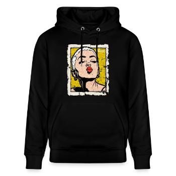 Buzzcut Punk Mädchen mit Kussmund im Pop-Art Stil - Stanley/Stella Unisex Bio-Hoodie CRUISER  - Schwarz - Vorne - Alina (178cm) & Michal (187cm)
