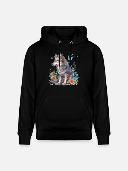 Wolf mit Blumen und Schmetterlingen - Stanley/Stella Unisex Bio-Hoodie CRUISER - Schwarz