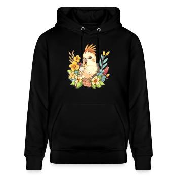 Kakadu in Blumenpracht - Stanley/Stella Unisex Bio-Hoodie CRUISER  - Schwarz - Vorne - Alina (178cm) & Michal (187cm)