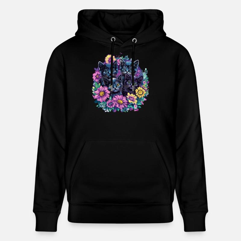 Schwarze Kätzchen mit Blumen - Stanley/Stella Unisex Bio-Hoodie CRUISER - Schwarz