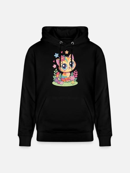 Rainbow Cat with Flowers - Stanley/Stella CRUISER Unisex Organic Hoodie - black