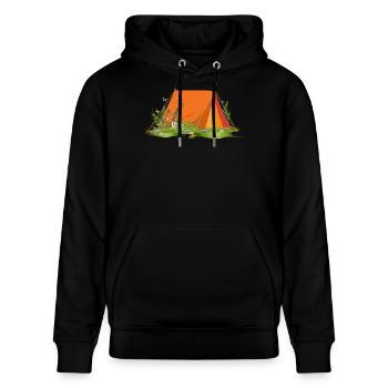 Retro-Zelt in Waldlandschaft mit Tieren & Pflanzen - Stanley/Stella Unisex Bio-Hoodie CRUISER  - Schwarz - Vorne - Alina (178cm) & Michal (187cm)