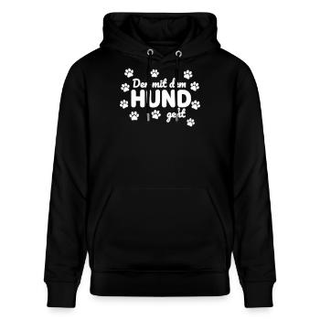 Gassi Spruch Shirt Der mit dem Hund geht - Stanley/Stella Unisex Bio-Hoodie CRUISER  - Schwarz - Vorne - Alina (178cm) & Michal (187cm)