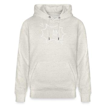 Ich bin: Kraftvolle Comic Sprechblase - Stanley/Stella Unisex Bio-Hoodie CRUISER  - Beige meliert - Vorne - Alina (178cm) & Michal (187cm)
