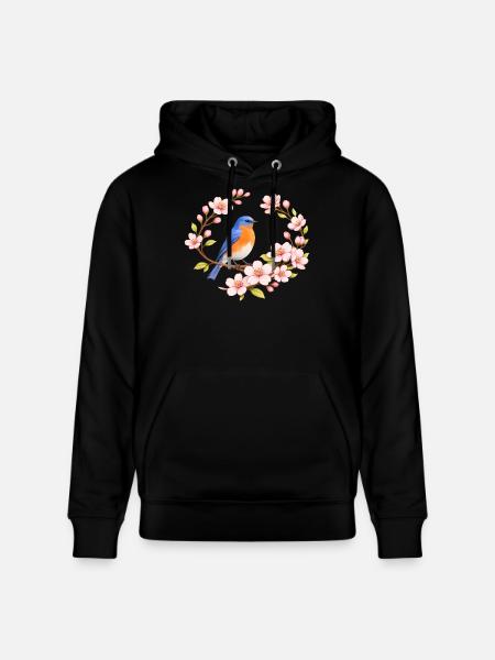Bluebird with cherry blossom spring motif - Stanley/Stella CRUISER Unisex Organic Hoodie - black