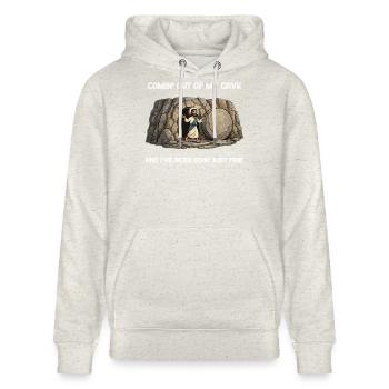 Auferstehung aus der Höhle Spruch - Stanley/Stella Unisex Bio-Hoodie CRUISER  - Beige meliert - Vorne - Alina (178cm) & Michal (187cm)