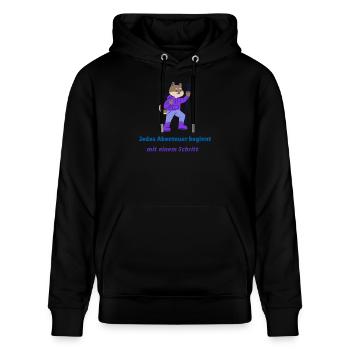 Jedes Abenteuer beginnt mit einem Schritt - Stanley/Stella Unisex Bio-Hoodie CRUISER  - Schwarz - Vorne - Alina (178cm) & Michal (187cm)