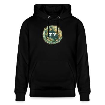Hebräischer Name Gottes JHWH - Stanley/Stella Unisex Bio-Hoodie CRUISER  - Schwarz - Vorne - Alina (178cm) & Michal (187cm)