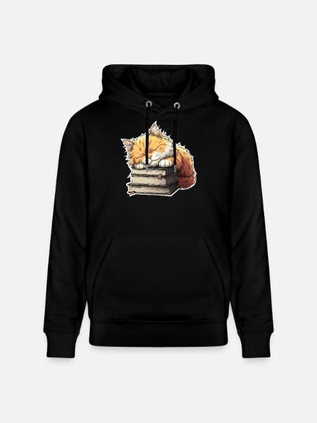 Cute Cat Sleeping on Book Pile - Stanley/Stella CRUISER Unisex Organic Hoodie - black
