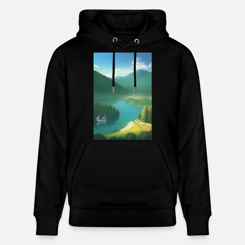 Landschaft mit See, Boot und Berge - Stanley/Stella Unisex Bio-Hoodie CRUISER  - Schwarz