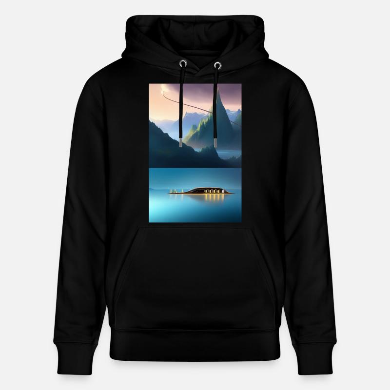 Landschaft mit See, Boot und Berge - Stanley/Stella Unisex Bio-Hoodie CRUISER  - Schwarz