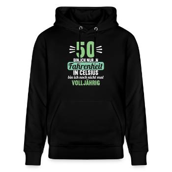 50 bin ich in Fahrenheit in Celsius 50 Geburtstag - Stanley/Stella Unisex Bio-Hoodie CRUISER  - Schwarz - Vorne - Alina (178cm) & Michal (187cm)