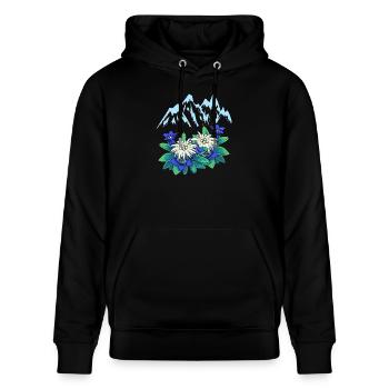 Gebirge Berge Enzian Alpen Berg Tirol Alm - Stanley/Stella Unisex Bio-Hoodie CRUISER  - Schwarz - Vorne - Alina (178cm) & Michal (187cm)