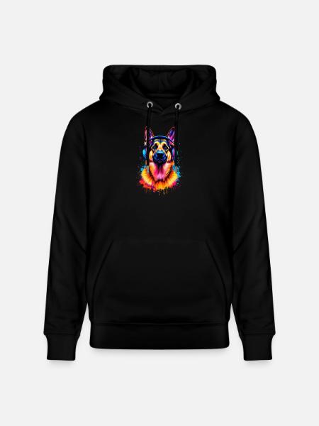 German Shepherd with Headphones - Stanley/Stella CRUISER Unisex Organic Hoodie - black