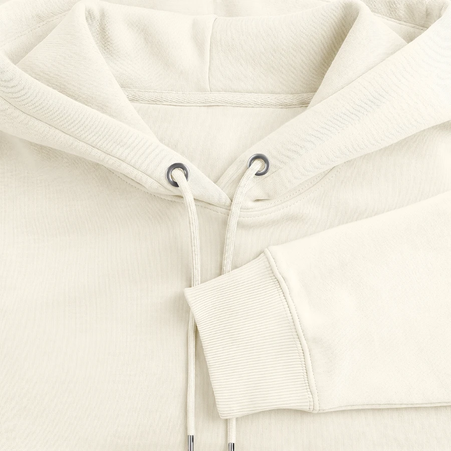Pompeii badge on a stanley/stella cruiser unisex organic hoodie, natural white, neck label