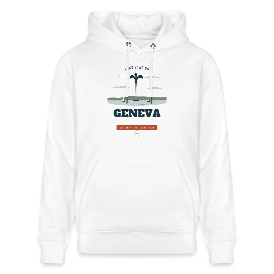 Geneva badge on a stanley/stella cruiser unisex organic hoodie, white