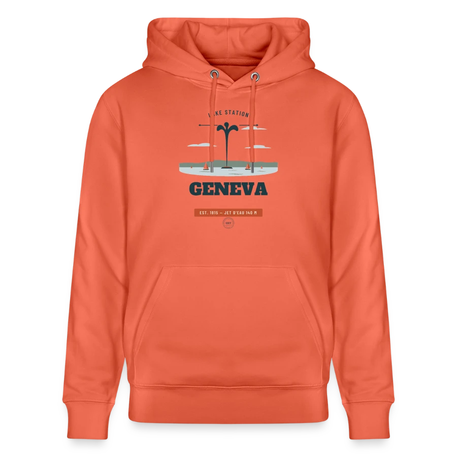 Geneva badge on a stanley/stella cruiser unisex organic hoodie, light red