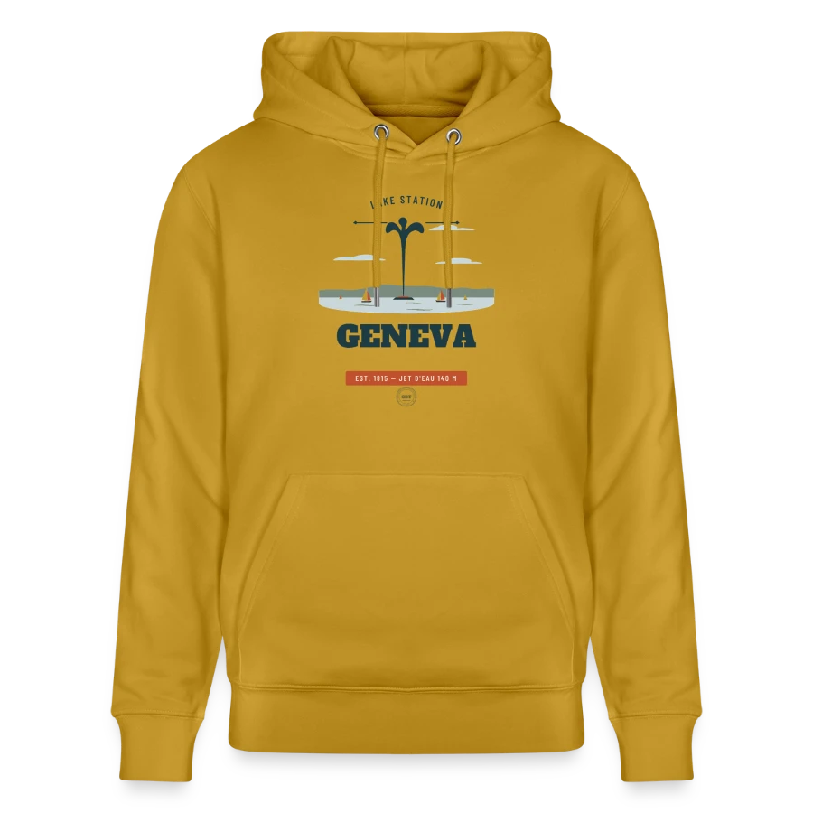 Geneva badge on a stanley/stella cruiser unisex organic hoodie, ochre