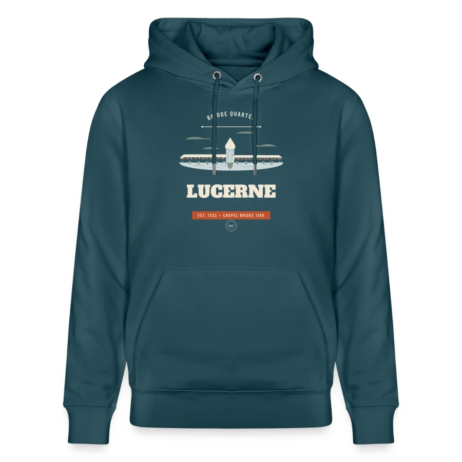 Lucerne badge on a stanley/stella cruiser unisex organic hoodie, stargazer