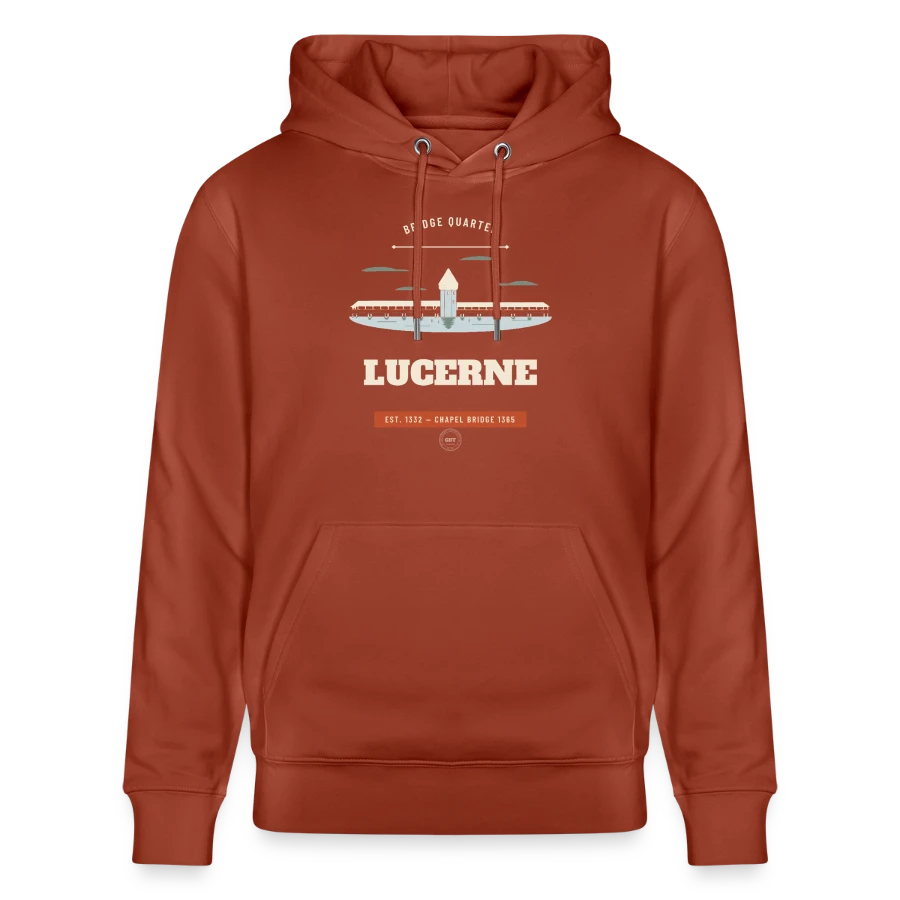 Lucerne badge on a stanley/stella cruiser unisex organic hoodie, heritage brown