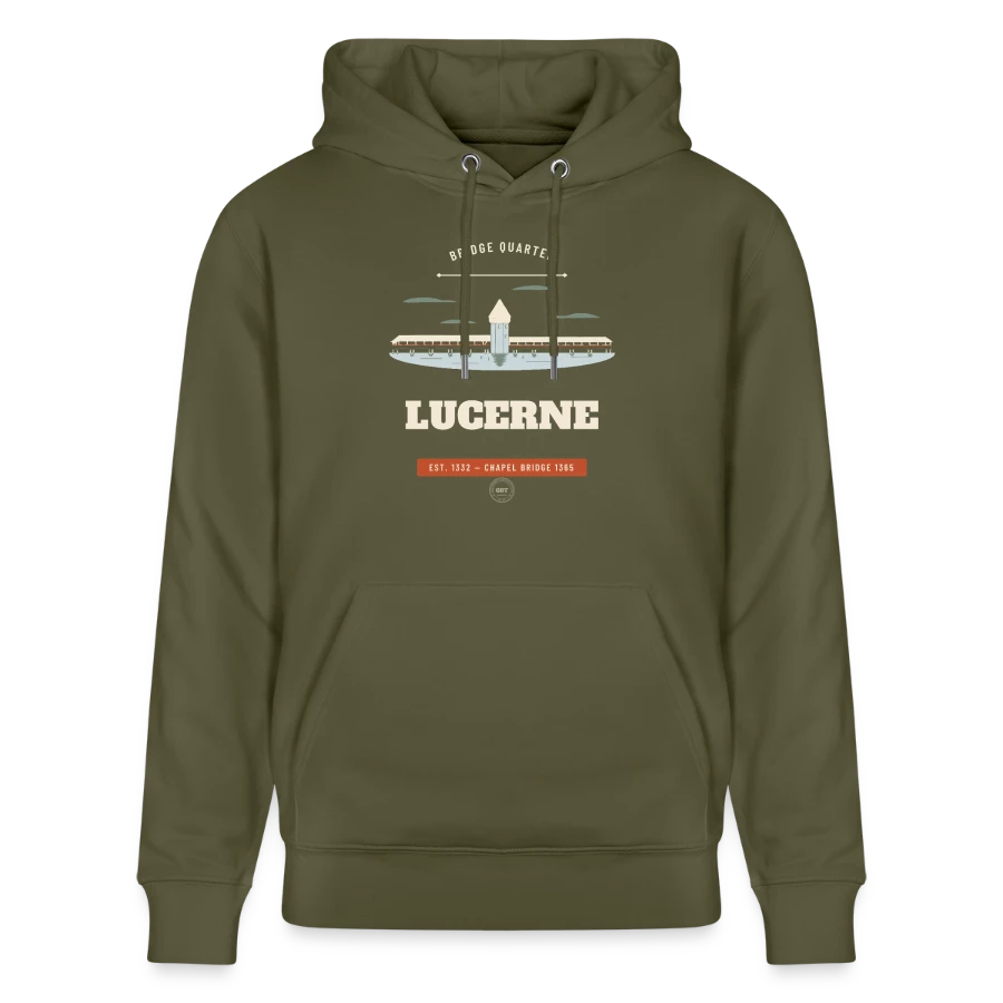 Lucerne badge on a stanley/stella cruiser unisex organic hoodie, khaki green