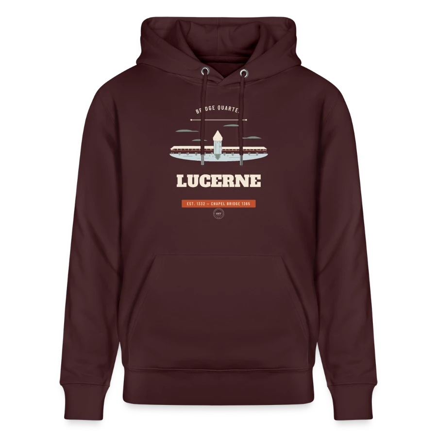 Lucerne badge on a stanley/stella cruiser unisex organic hoodie, maroon