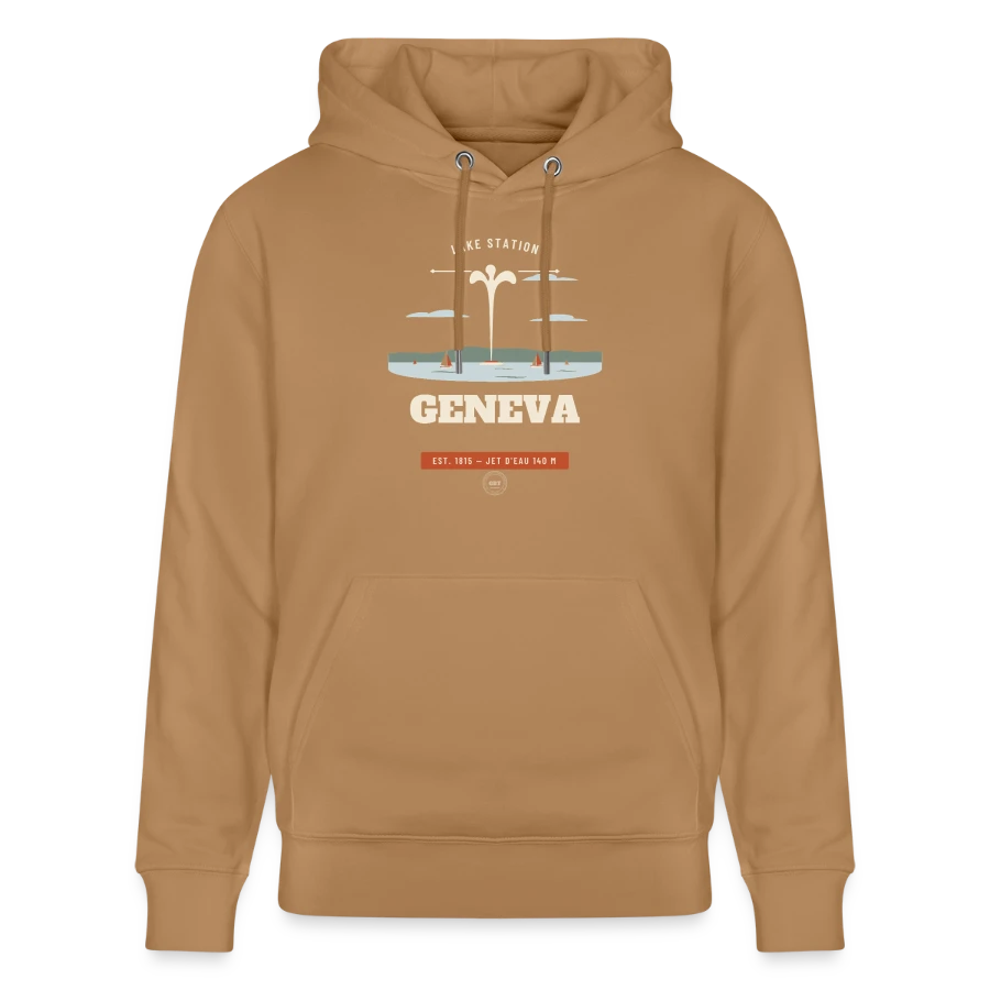 Geneva badge on a stanley/stella cruiser unisex organic hoodie, latte