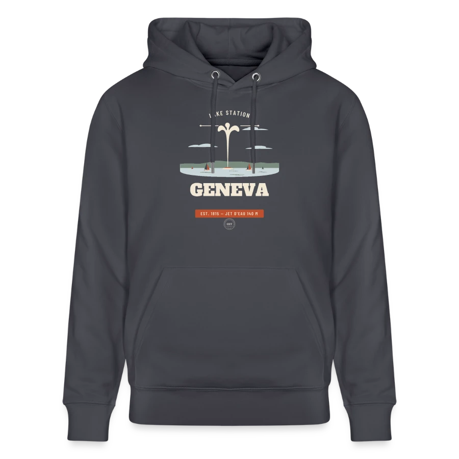 Geneva badge on a stanley/stella cruiser unisex organic hoodie, indigo blue