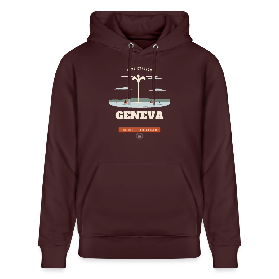 Geneva badge on a stanley/stella cruiser unisex organic hoodie, maroon