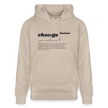 change_liscious: Pivot to Potential - BLACK - Stanley/Stella Unisex Bio-Hoodie CRUISER  - Beige - Vorne - Alina (178cm) & Michal (187cm)