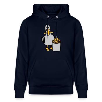 Glückliche Möwe geklaute Pommes - Stanley/Stella Unisex Bio-Hoodie CRUISER  - Navy - Vorne - Alina (178cm) & Michal (187cm)