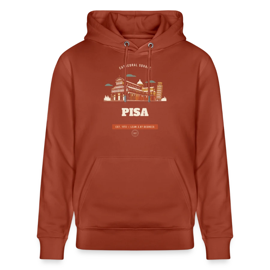 Pisa badge on a stanley/stella cruiser unisex organic hoodie, heritage brown, front