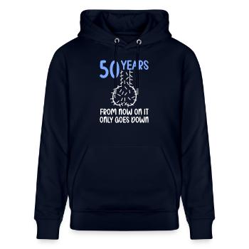 50 Jahre Schwerkraft es geht abwärts 50 Jahre 50. - Stanley/Stella Unisex Bio-Hoodie CRUISER  - Navy - Vorne - Alina (178cm) & Michal (187cm)