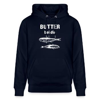Butter bei die Fische, Spruch, Norddeutsch Maritim - Stanley/Stella Unisex Bio-Hoodie CRUISER  - Navy - Vorne - Alina (178cm) & Michal (187cm)