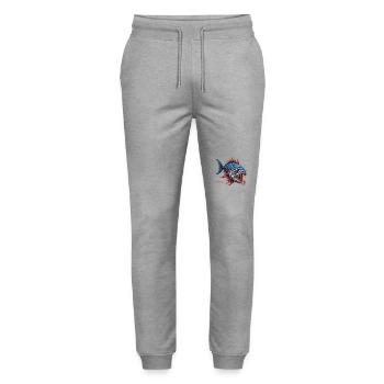 Dessin animé de poisson prédateur de chasseur - Pantalon de jogging bio MOVER Stanley/Stella unisexe - gris chiné - Devant - Marisol (170cm) & Nik (191cm)