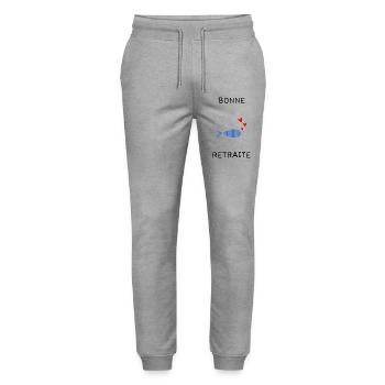 RETRAITE. BONNE RETRAITE. JOYEUSE RETRAITE - Pantalon de jogging bio MOVER Stanley/Stella unisexe - gris chiné - Devant - Marisol (170cm) & Nik (191cm)
