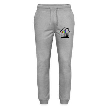 Farbige Grafik junger Mann auf Laptop im Haus - Stanley/Stella Unisex Bio Jogginghose Mover  - Grau meliert - Vorne - Marisol (170cm) & Nik (191cm)
