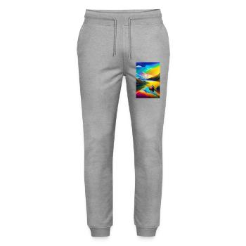 Paysage avec lac, bateau et montagnes - Pantalon de jogging bio MOVER Stanley/Stella unisexe - gris chiné - Devant - Marisol (170cm) & Nik (191cm)