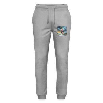 sportliche Frau die über die Pfütze springt - Stanley/Stella Unisex Bio Jogginghose Mover  - Grau meliert - Vorne - Marisol (170cm) & Nik (191cm)