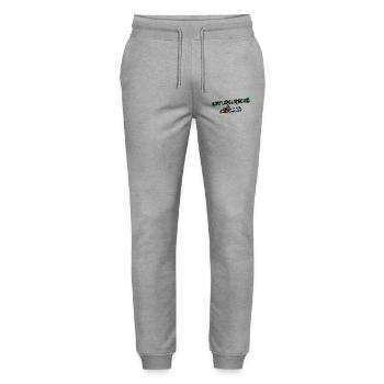 Solid Yard Wood Saw Statement Lumberjack Forestry - Stanley/Stella Mover Unisex Organic Jogging Trousers - heather grey - Front - Marisol (170cm) & Nik (191cm)